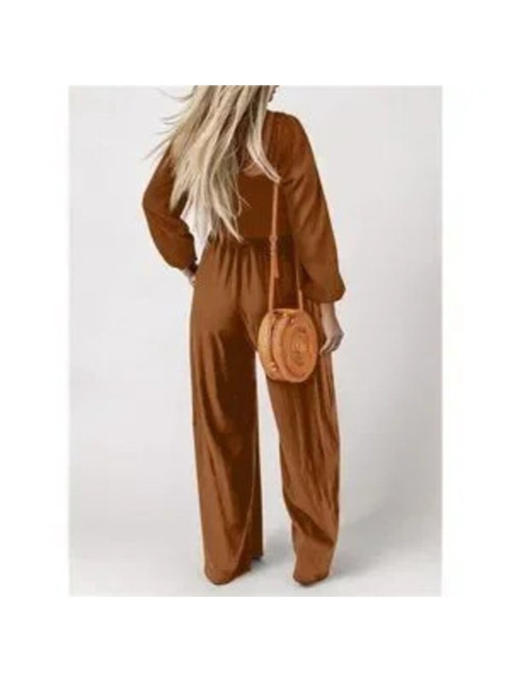 Women's Casual Loose Overall Jumpsuit Wide Leg Romper With Pocket, Coffee - Picture 3 of 6